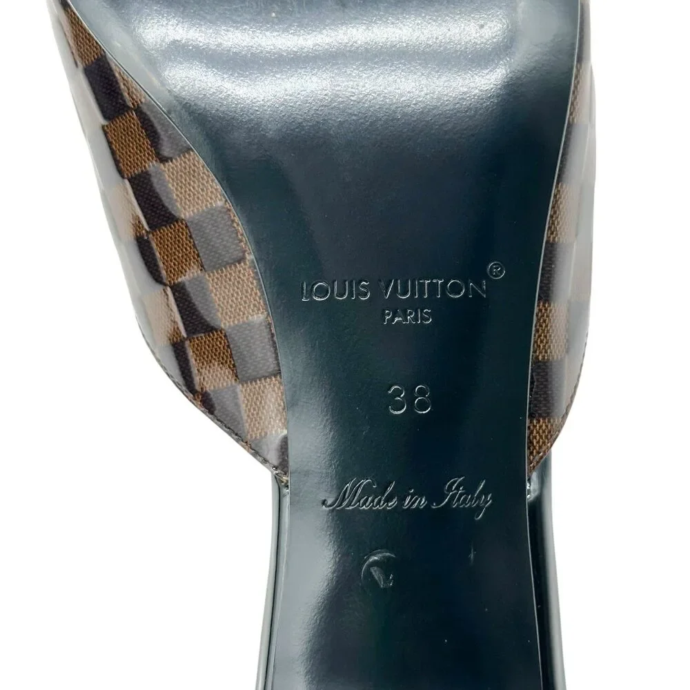 Louis Vuitton Damier Ebene Patent Pointed Toe Kitten Heel Mules